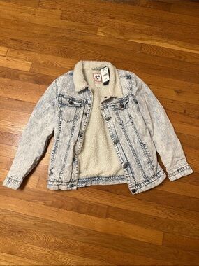 Cotton On Kids Acid Wash Light Blue Denim Jacket with Sherpa Collar